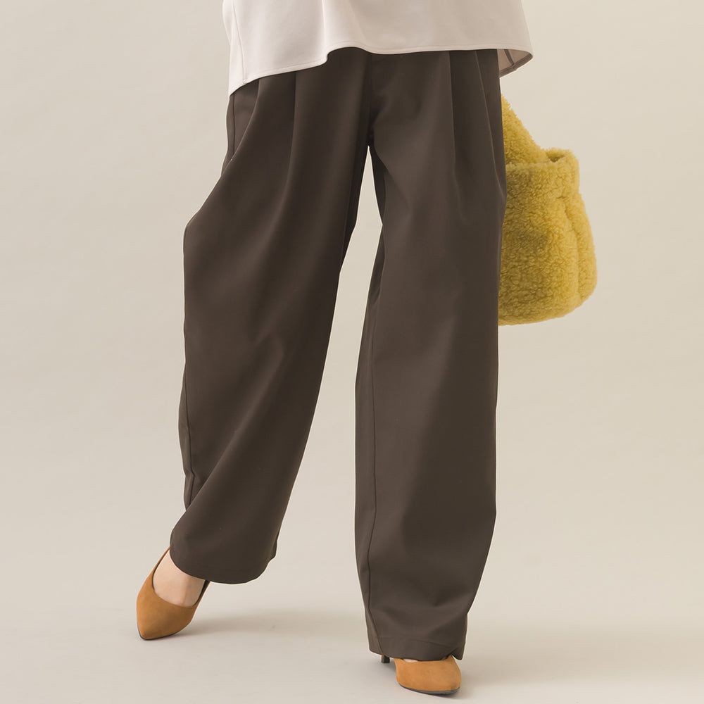 率性感打褶後鬆緊高腰寬褲-咖啡