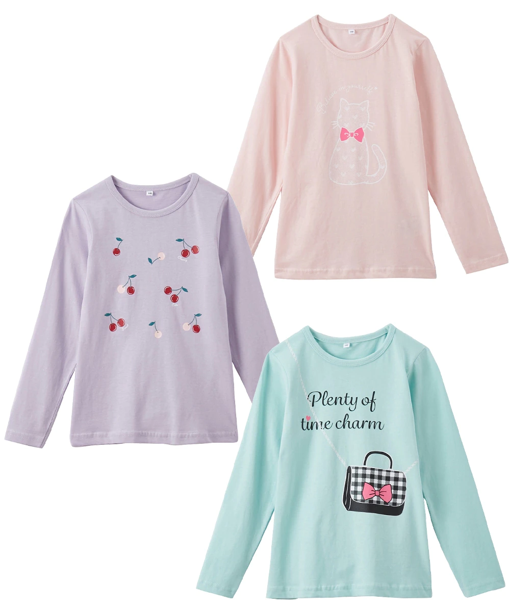 日本 Nissen - 純棉印花長T 超值三件組-少女系-粉/紫/水藍