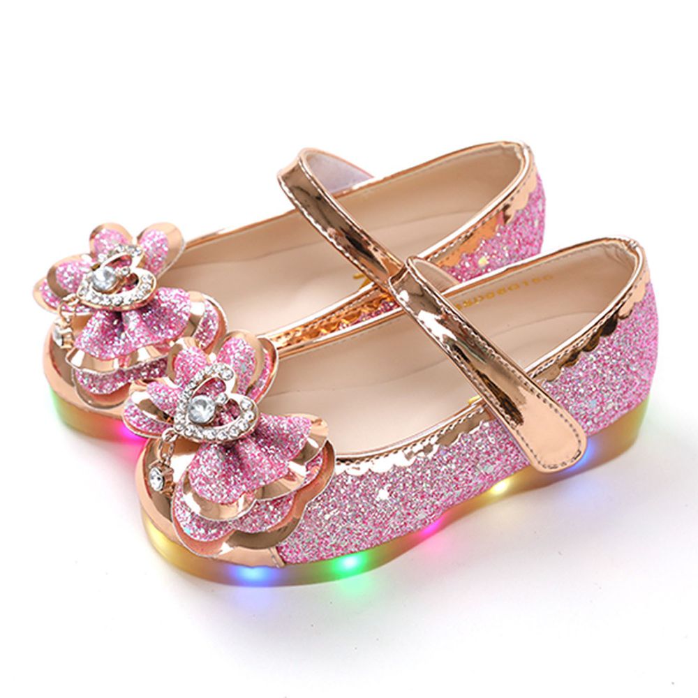 韓國 OZKIZ - (LED燈)亮粉水晶愛心雙層蝴蝶結皮鞋-粉紅