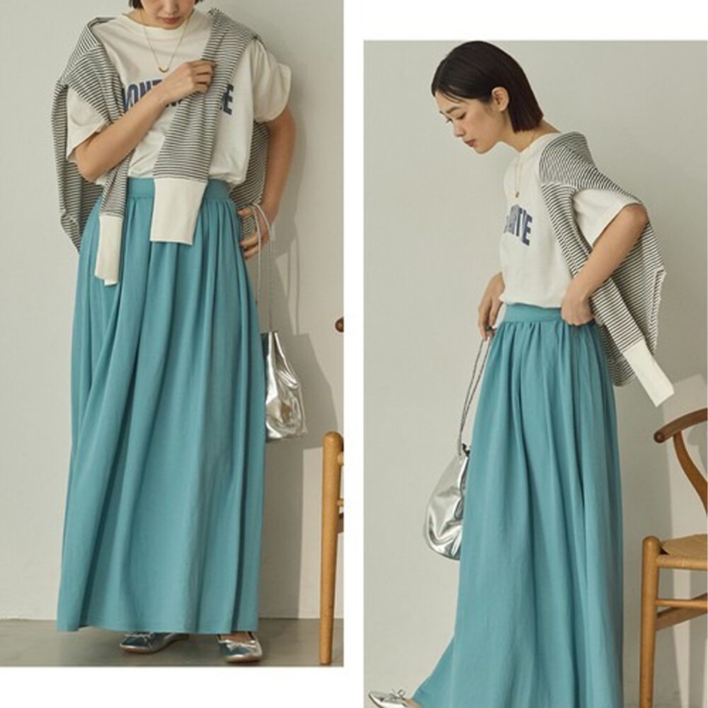 接觸涼感 透氣飄逸感打摺長裙(有口袋)-藍綠