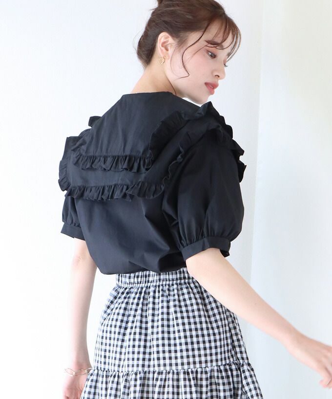 日本 BLUE EAST - 輕奢多層次荷葉大領短袖上衣-白