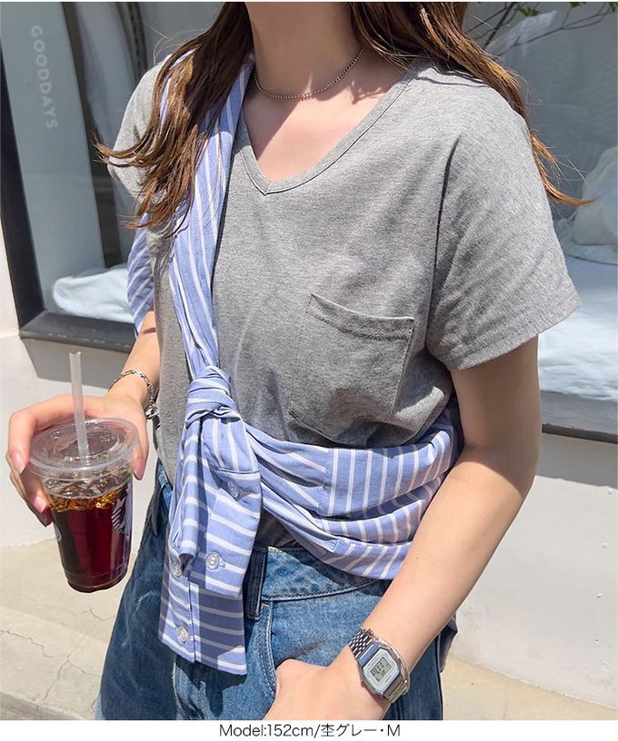 日本 Kobe Lettuce - 抗透汗 純棉V領口袋修身短袖上衣-白