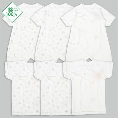 akachan honpo - 新生兒內衣6件組綁帶款短袖7分袖-動物-米白色 (50~60cm)