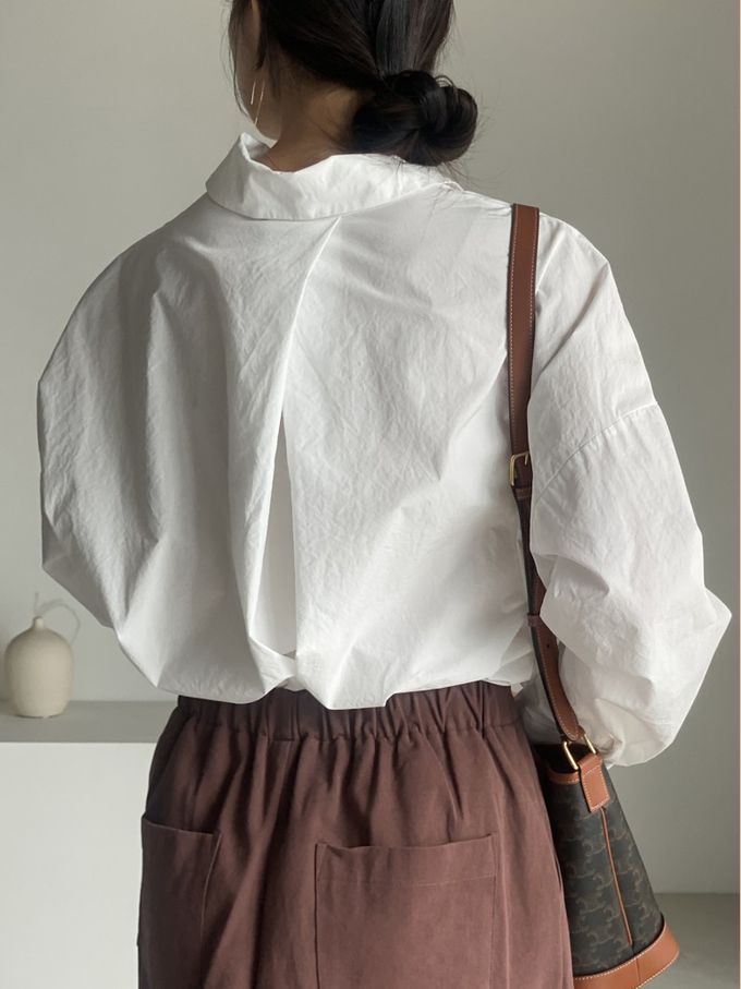 韓國女裝連線 - 知性背後抓褶翻領長袖襯衫-象牙白 (FREE)