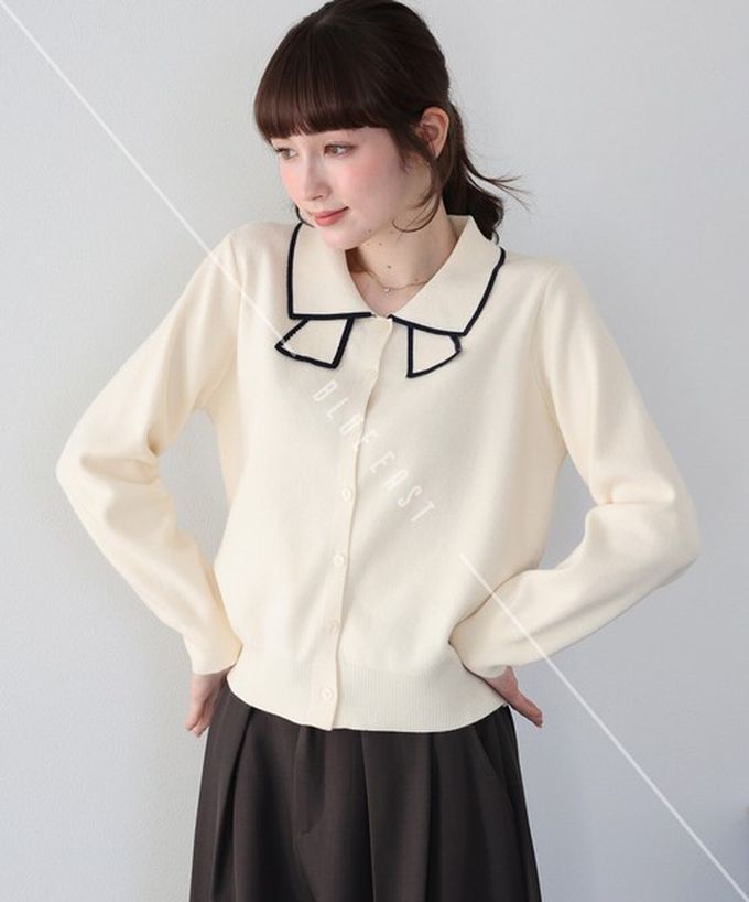 日本 BLUE EAST - 甜美蝴蝶結勾邊領針織上衣開襟衫-海軍藍 (M)