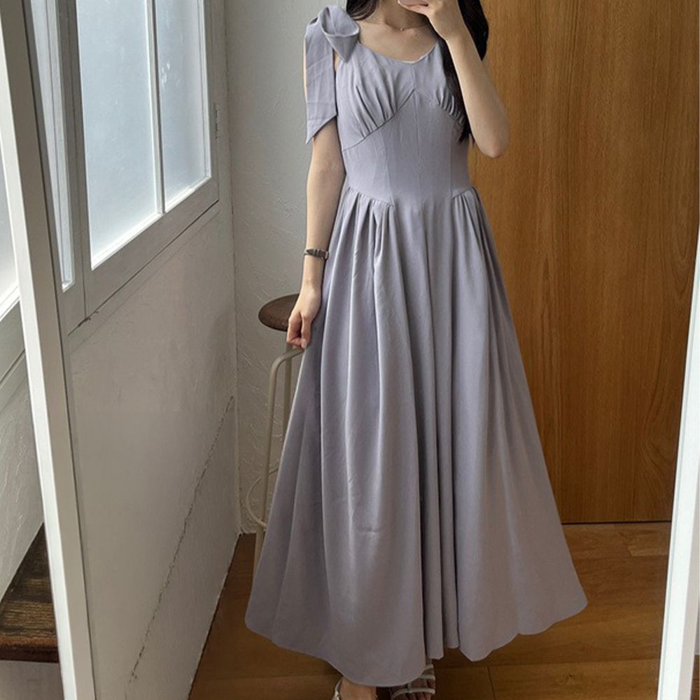 華麗肩蝴蝶結顯瘦腰無袖洋裝-灰藍