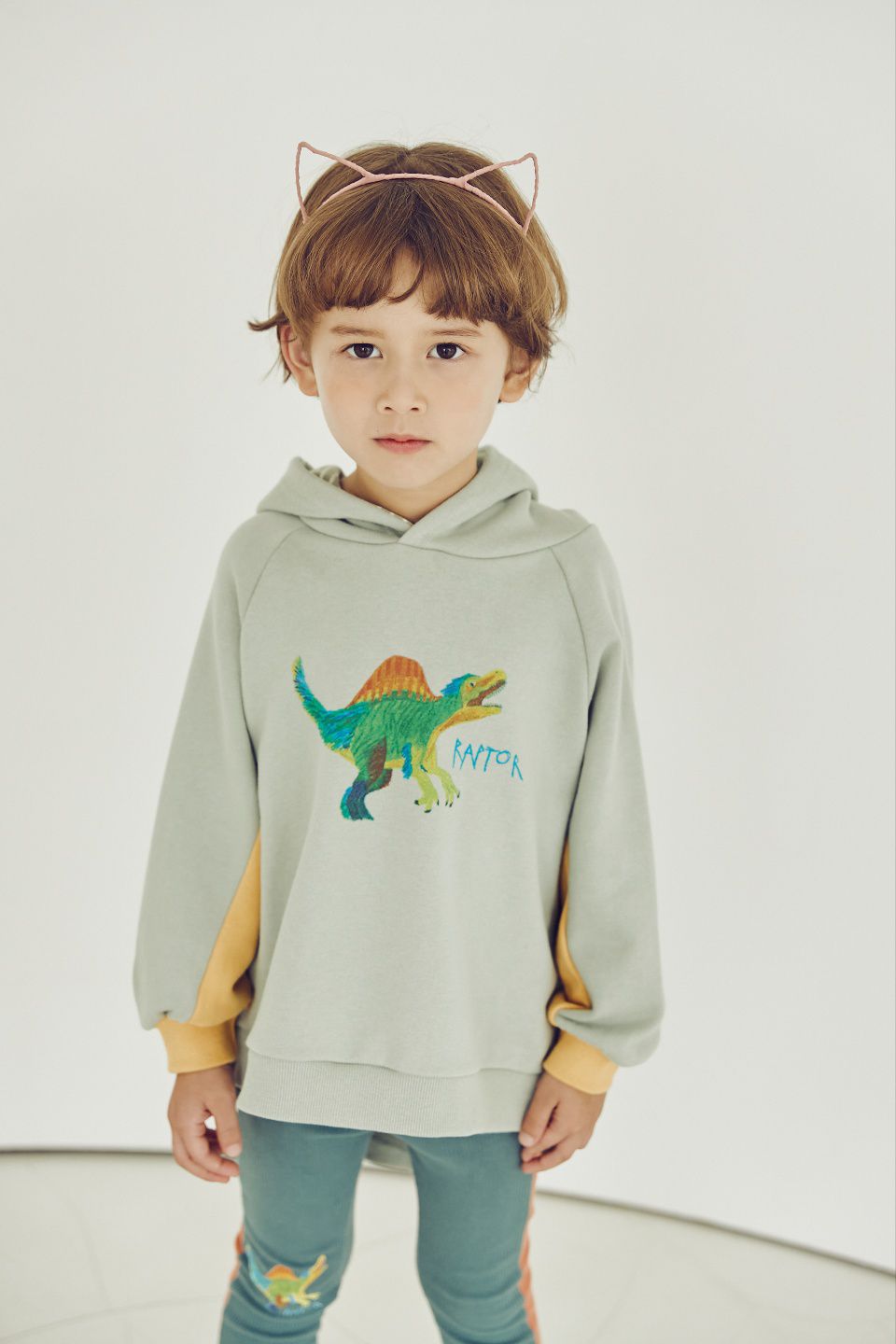 韓國 Mimico - 手繪恐龍立體造型連帽上衣-淺灰綠