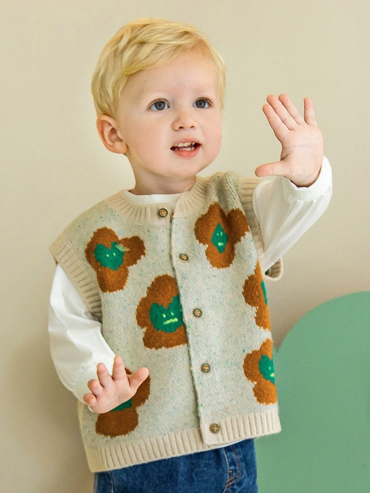 韓國Pimpollo - 愛心印花開衫針織背心-藍