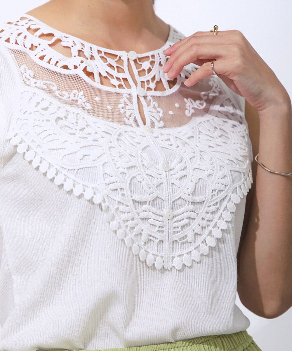 日本 Bab - 蕾絲拼接無袖上衣/大內搭背心-白