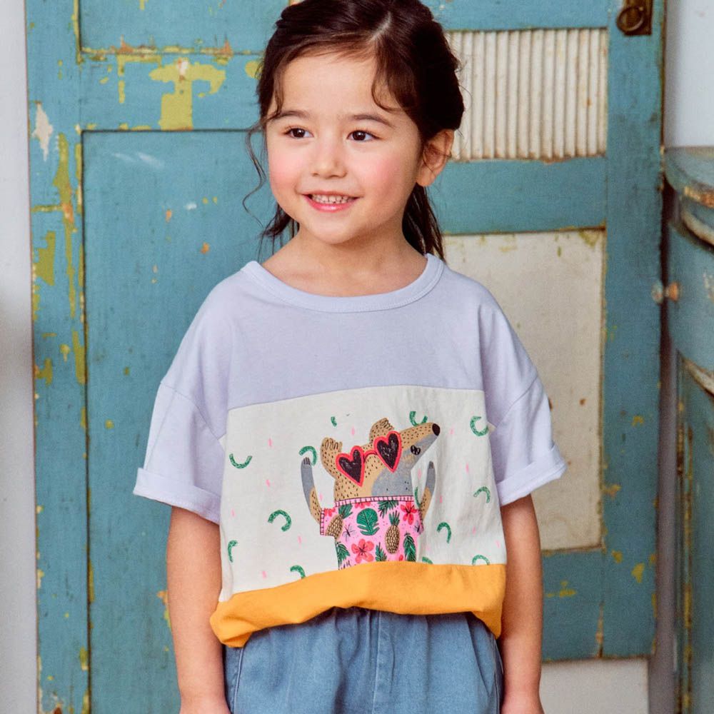 渡假動物拼色短袖上衣-淺紫X橘黃