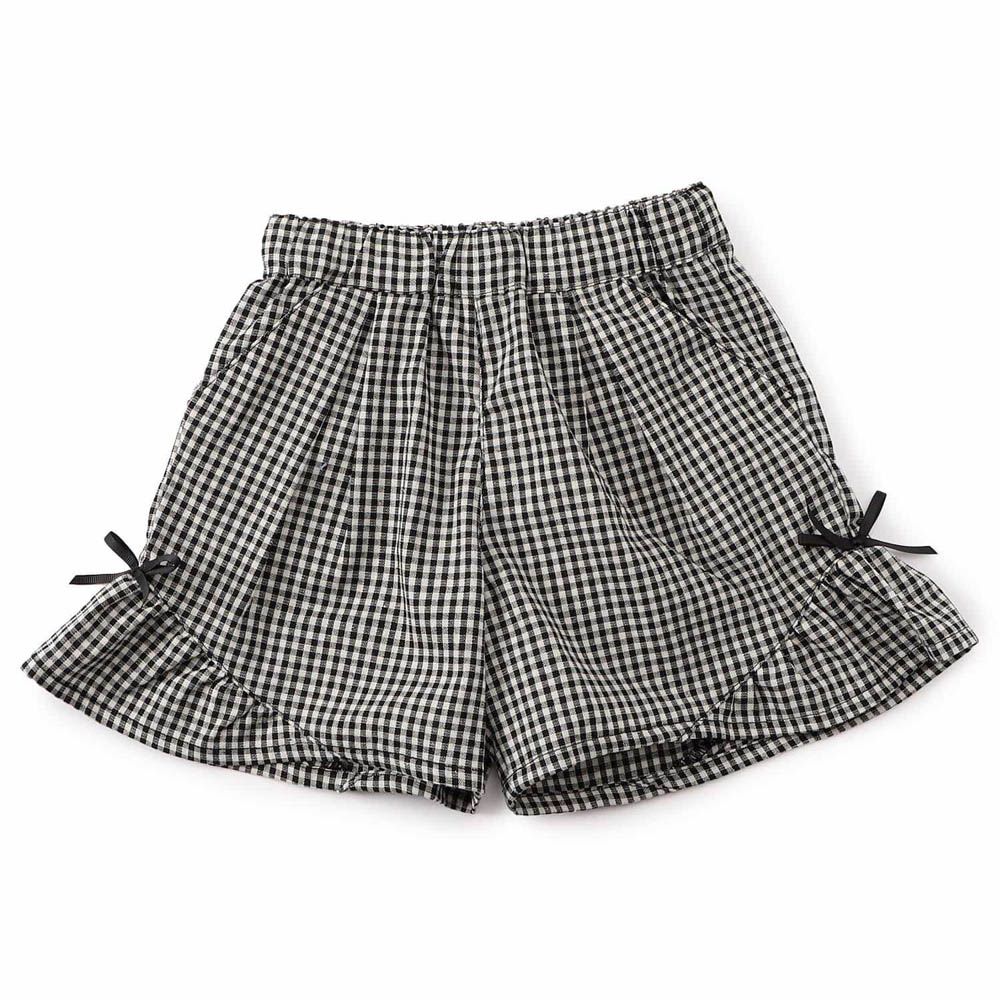 二側可愛蝴蝶結寬擺短褲-格子-黑x白
