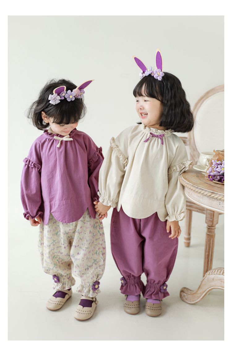 腰鬆緊束口花苞長褲-兔子與花-杏色