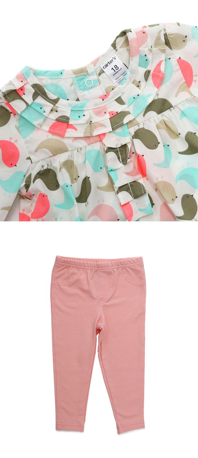 美國 Carter's - 小鳥荷葉領長袖上衣+長褲2件組