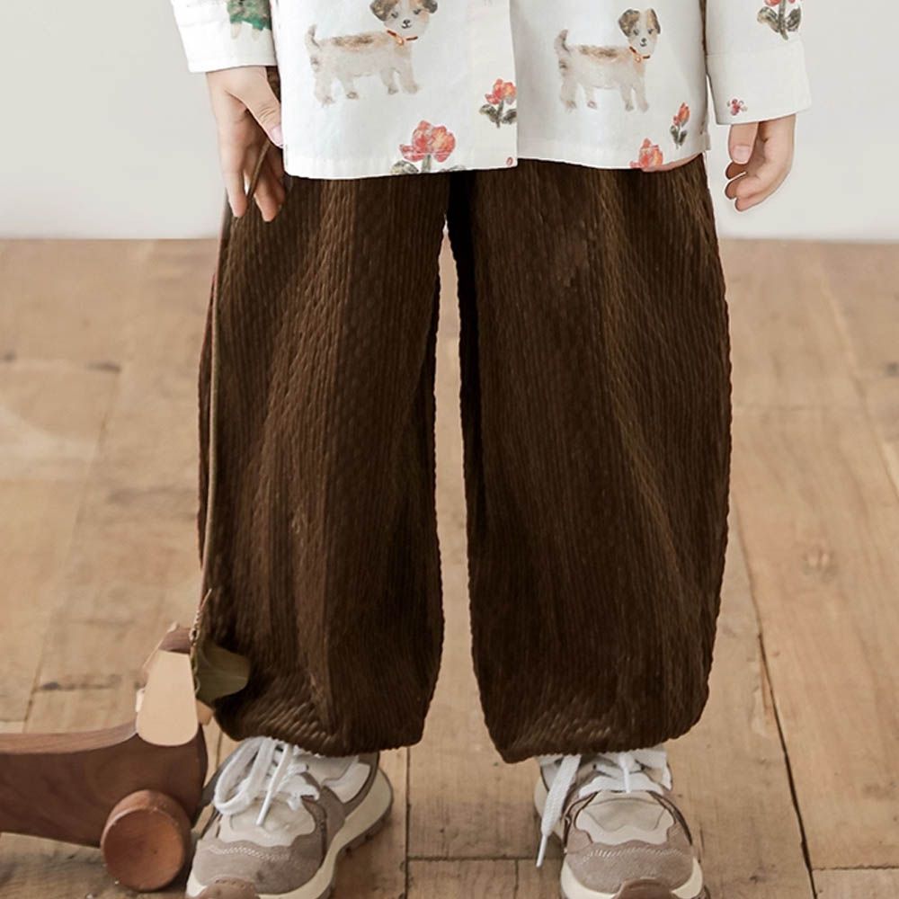 彈力泡泡燈芯絨休閒長褲-深咖色