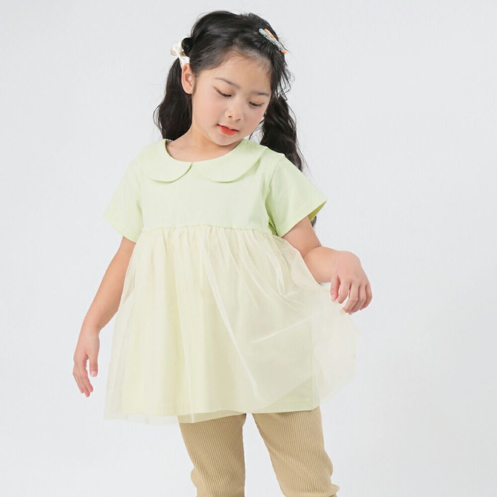 日本 evercloset - 甜美雙層紗娃娃領短袖上衣-粉橘