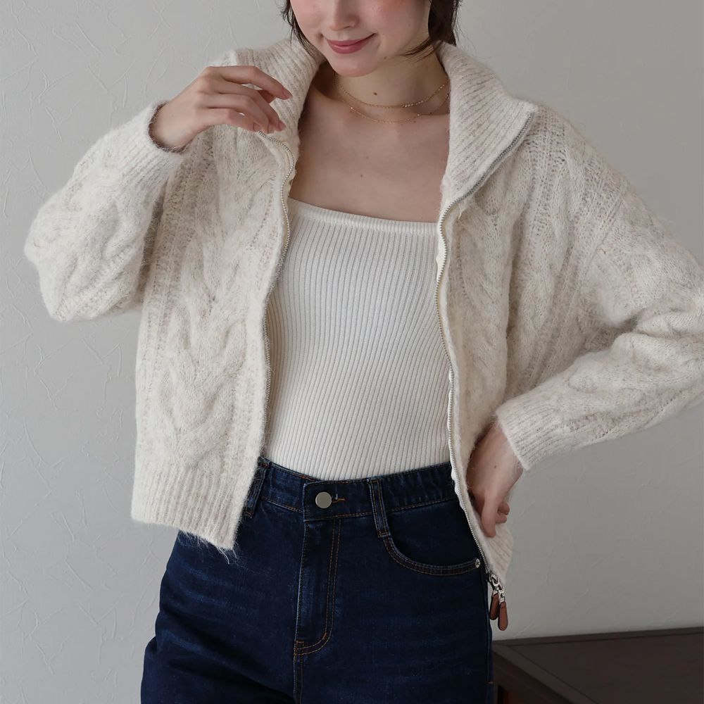 混羊毛麻花紋路立領雙拉鏈針織外套-象牙白