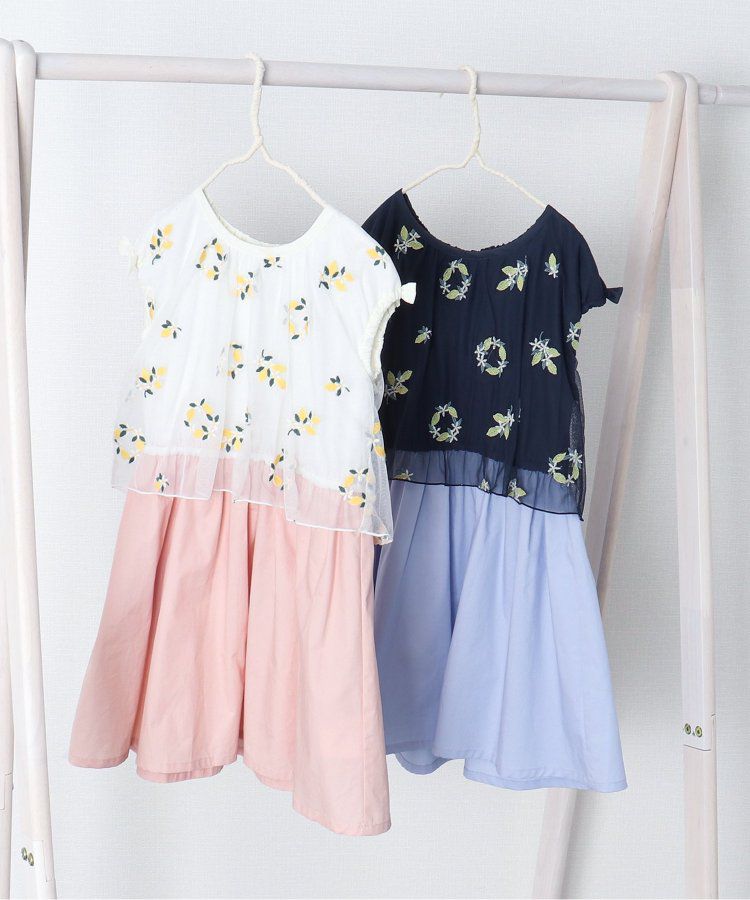 日本 apres les cours - 可愛檸檬刺繡分層短袖洋裝-海軍藍