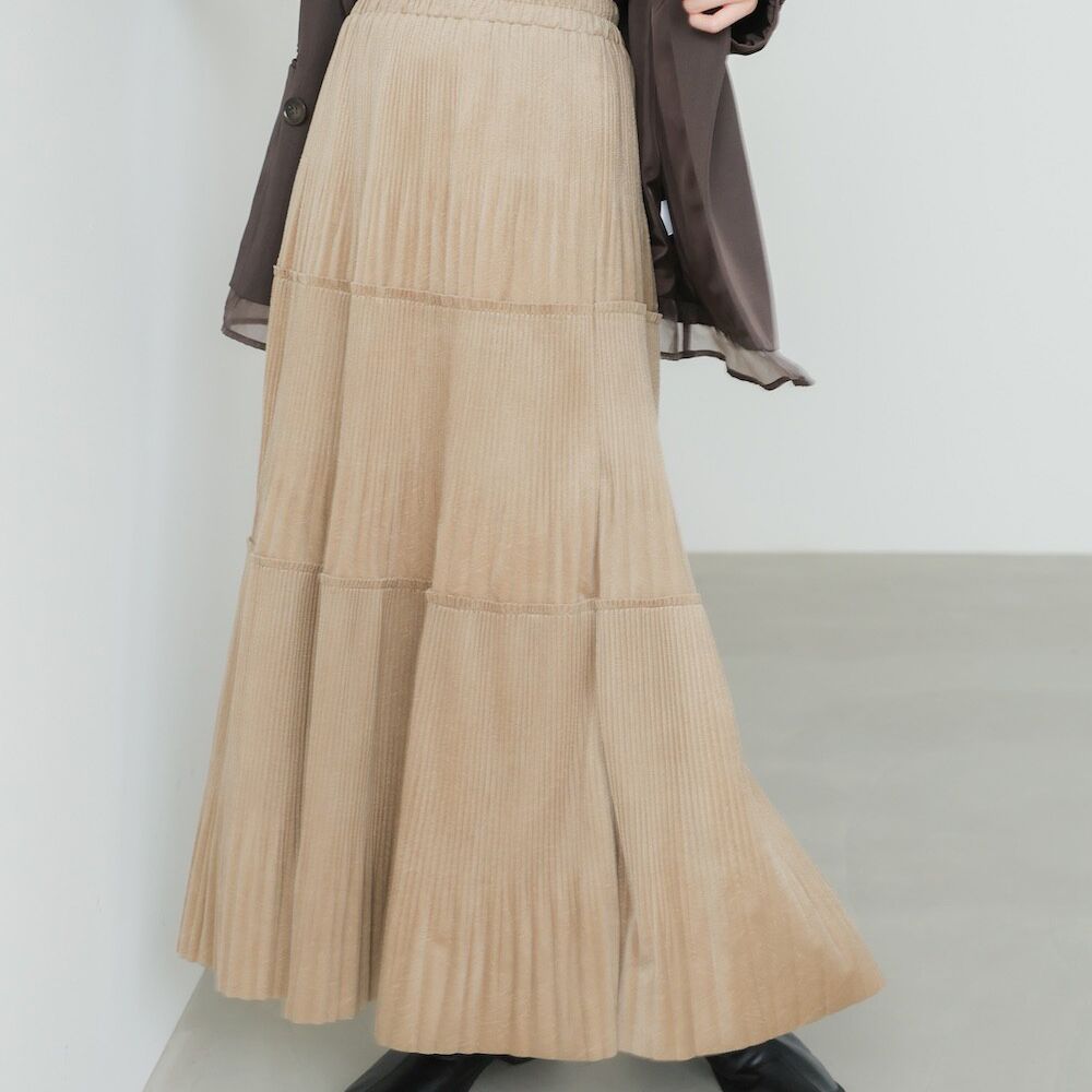 飄逸感絲滑絨面細摺長裙-象牙米