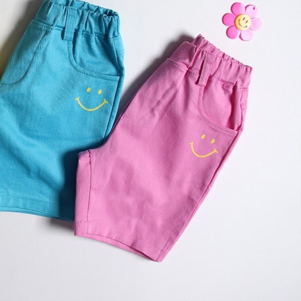 韓國 First Blue - 微笑口袋鬆緊褲頭短褲-粉紅