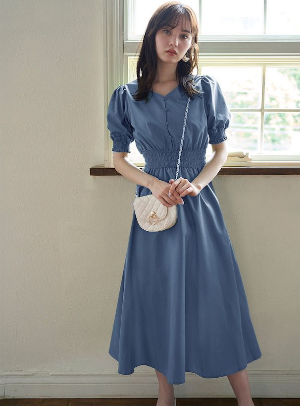 日本 GRL - 簡約氣質V領短袖洋裝-淺卡其