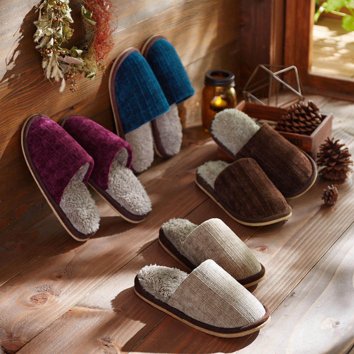 日本千趣會 - 毛茸茸針織拼接室內拖-深咖啡 (24.5-26.5cm)