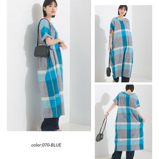 日本 OMNES - 100%印度棉 清爽格紋短袖洋裝-深棕