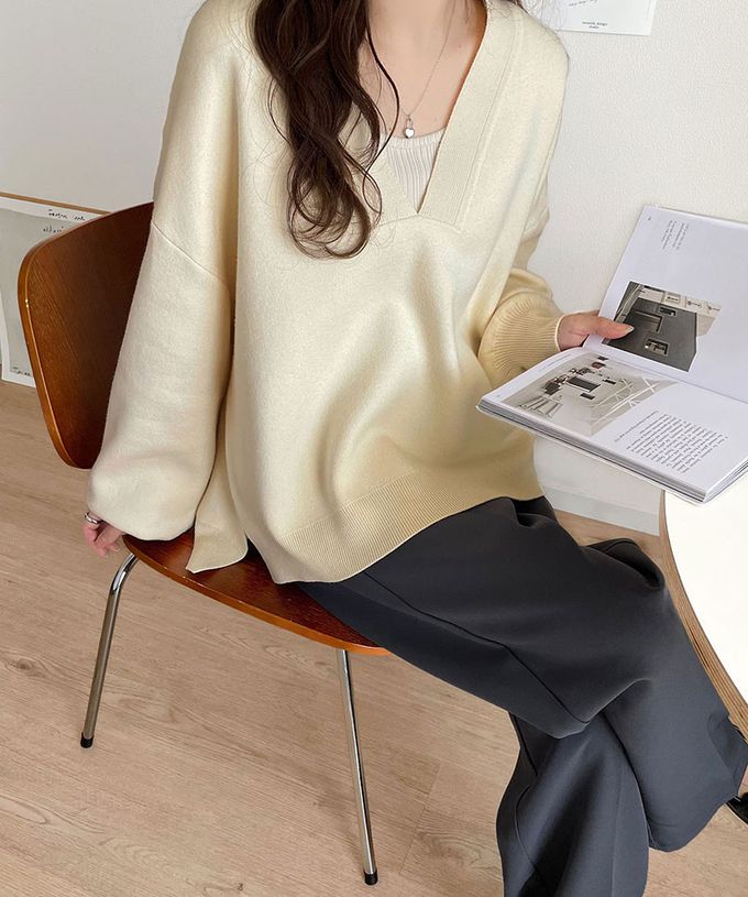 日本 Classical Elf - 俐落深V都會感柔軟針織上衣-粉紅