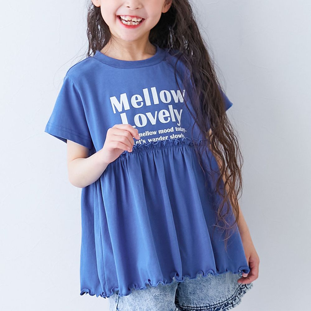 傘擺皺摺休閒logo短袖上衣-寶藍