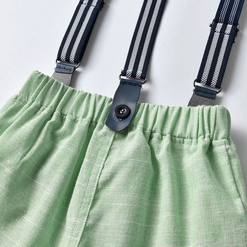 小紳士短袖襯衫套裝-條紋背帶+蝴蝶結-淺綠色