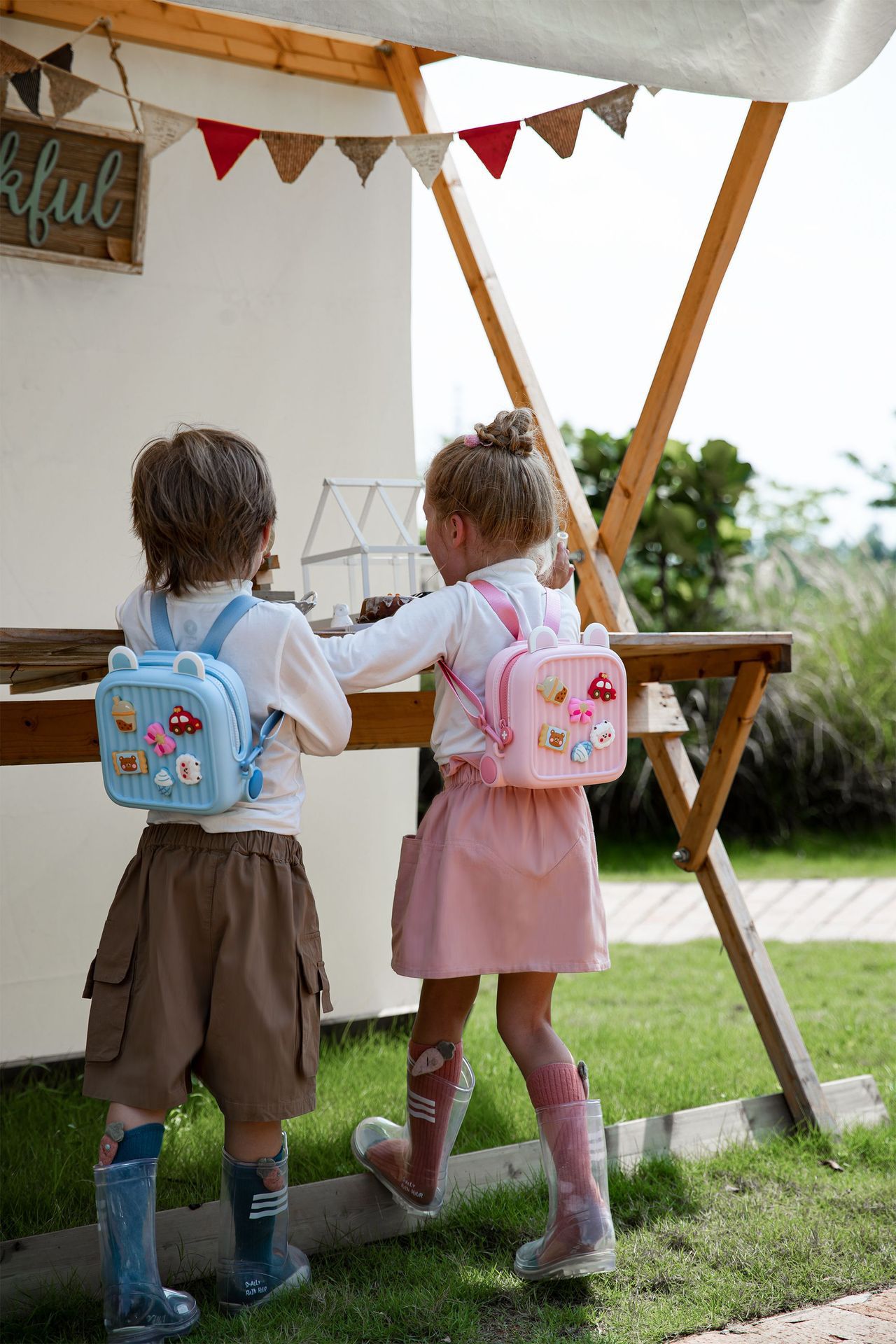 卡通DIY可拆式兒童後背包/小方包-珍珠奶茶+車車-綠色 (20.8x9.9x21.2cm)