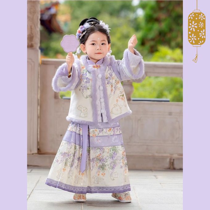 古風棉襖旗袍領外套配小兔花朵馬面長裙 女童冬季漢服 新年拜年服