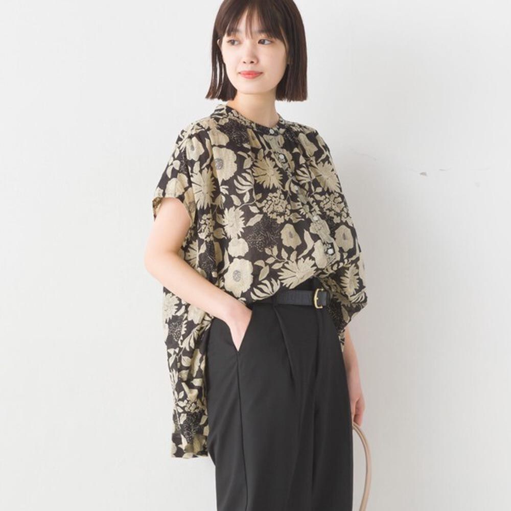 日本 OMNES - 100%印度棉 夏日印花法式袖襯衫-黑底滿版花