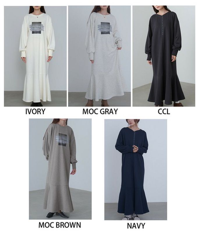 日本 Bab - 前後2way魚尾下擺休閒印花長袖洋裝-象牙