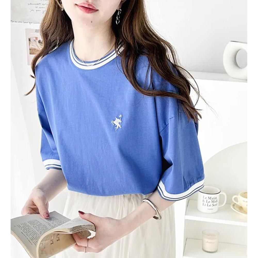 日本 Classical Elf - 100%天竺棉 刺繡舒適短袖上衣-寶石藍