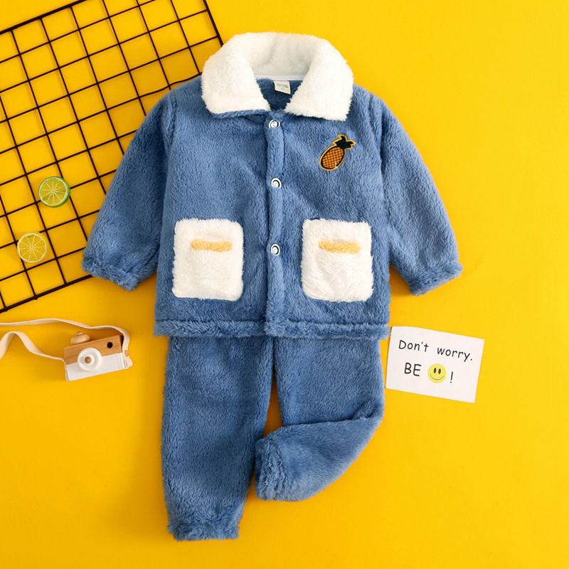 法蘭絨兒童長袖睡衣-皇冠企鵝-灰藍色