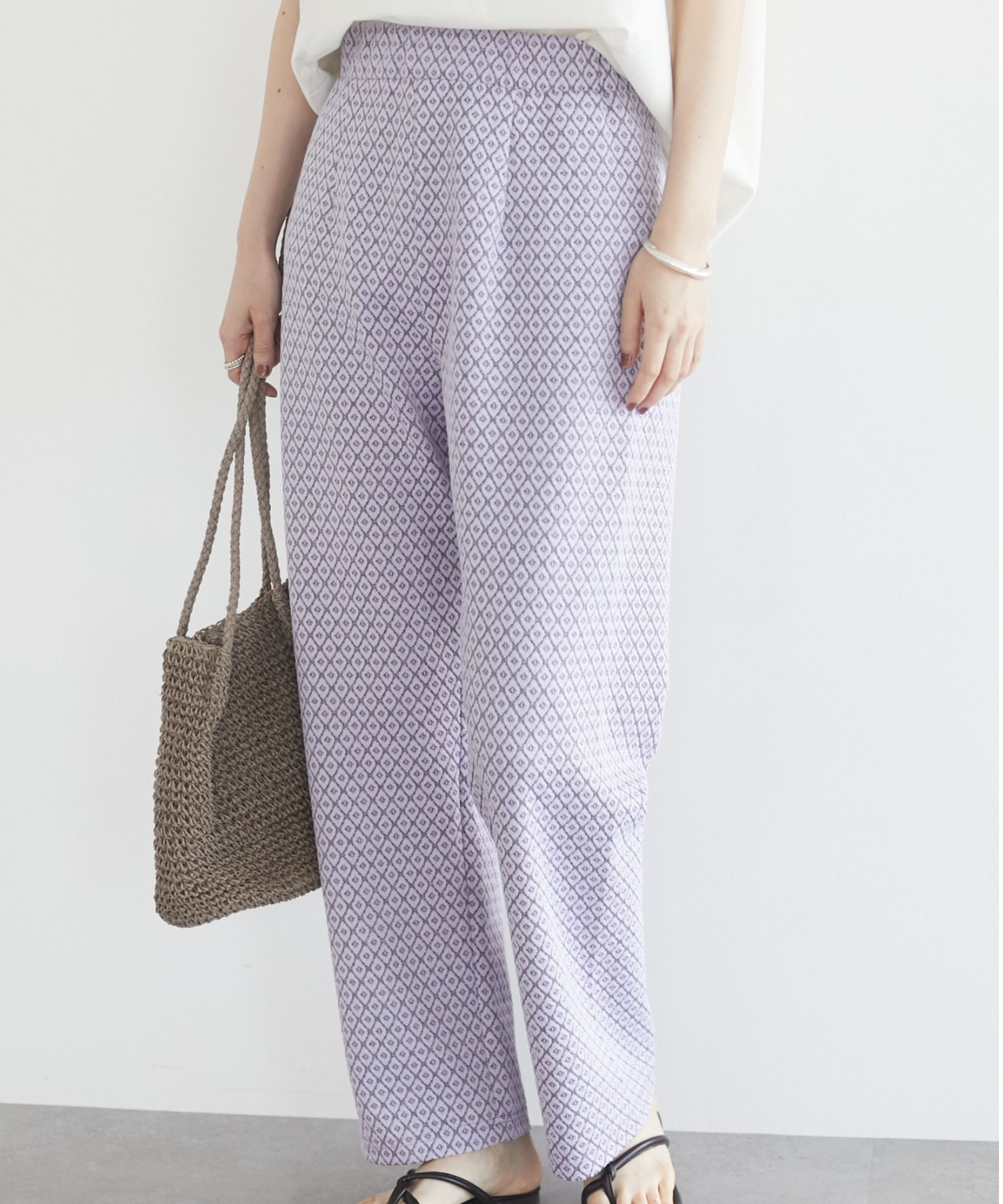 日本 ELENCARE DUE - 滿版幾何綁帶寬褲-米