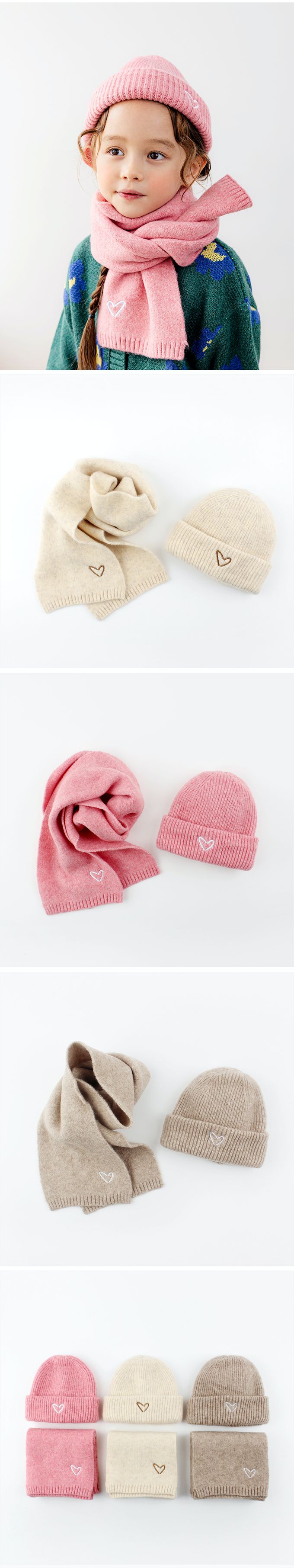 韓國 Chenny Bong Bong - (兩件組)刺繡愛心保暖組-灰卡其-毛帽X1+圍巾X1
