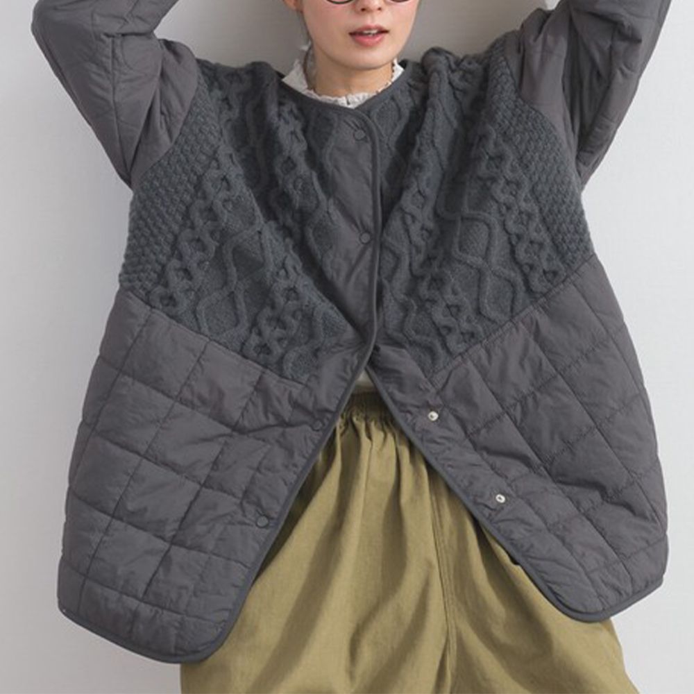 小清新麻花針織絎縫無領外套-炭灰