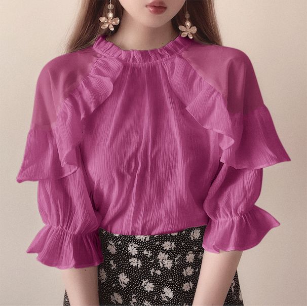 日本 GRL - 浪漫公主荷葉滾邊上衣-優雅黑 (F)