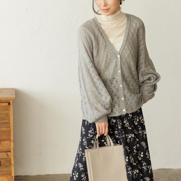 日本 ihuu - 毛海觸感鏤空針織2WAY開襟衫-淺灰