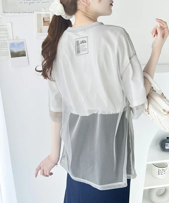日本 Classical Elf - Java 薄紗層次酷甜五分袖上衣-米杏x象牙白紗