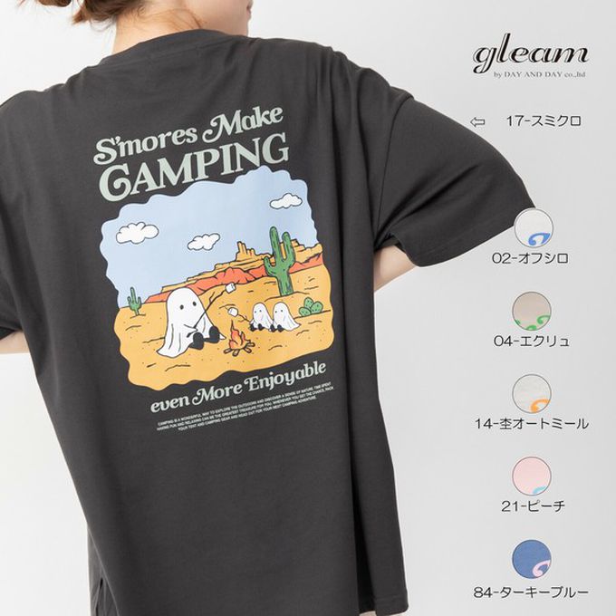 日本 gleam - 俏皮露營幽靈印花寬大風短袖T恤-煙燻藍