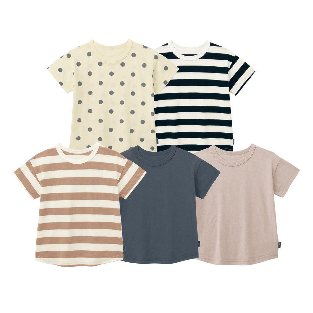 日本千趣會 - (親子款)超值內衣/T恤五件組 (短袖)-素色點點條紋-灰咖色系