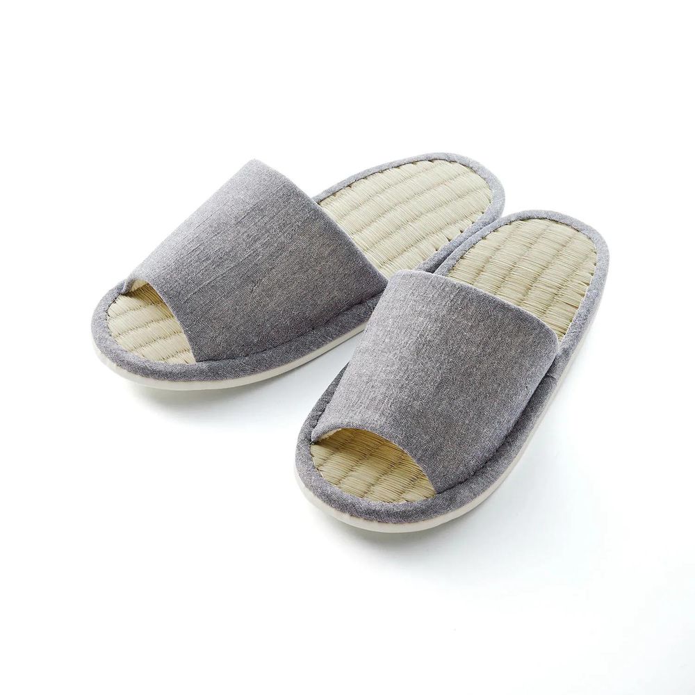 日本千趣會 - 日本製 棉麻X藺草透氣室內拖鞋-灰