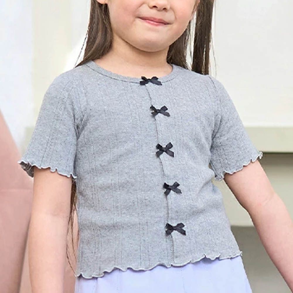 可愛女孩蝴蝶結針織短袖上衣-灰