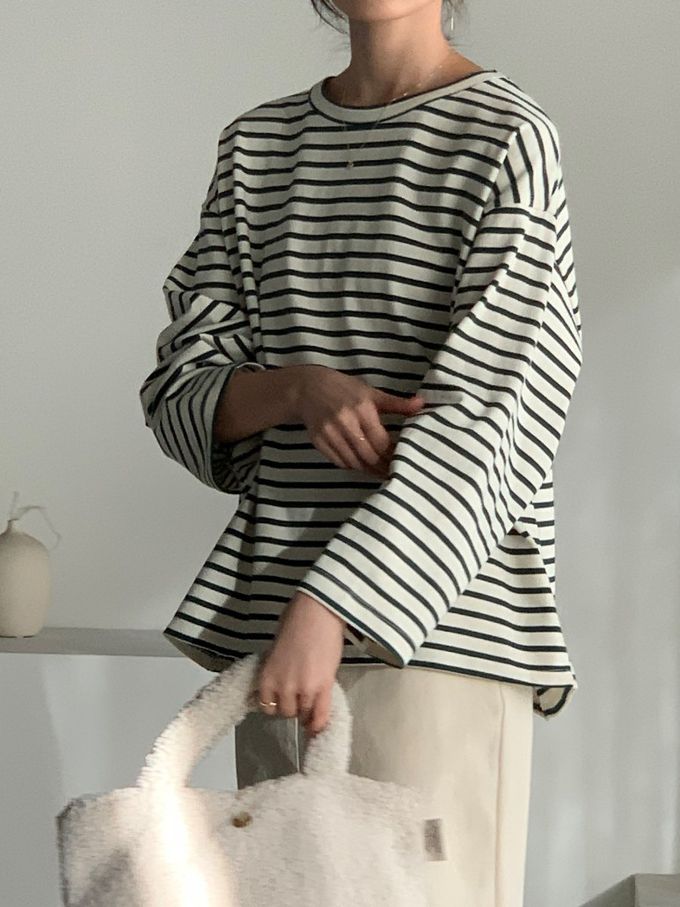 韓國女裝連線 - 不對稱後開衩條紋長袖上衣-墨綠 (FREE)