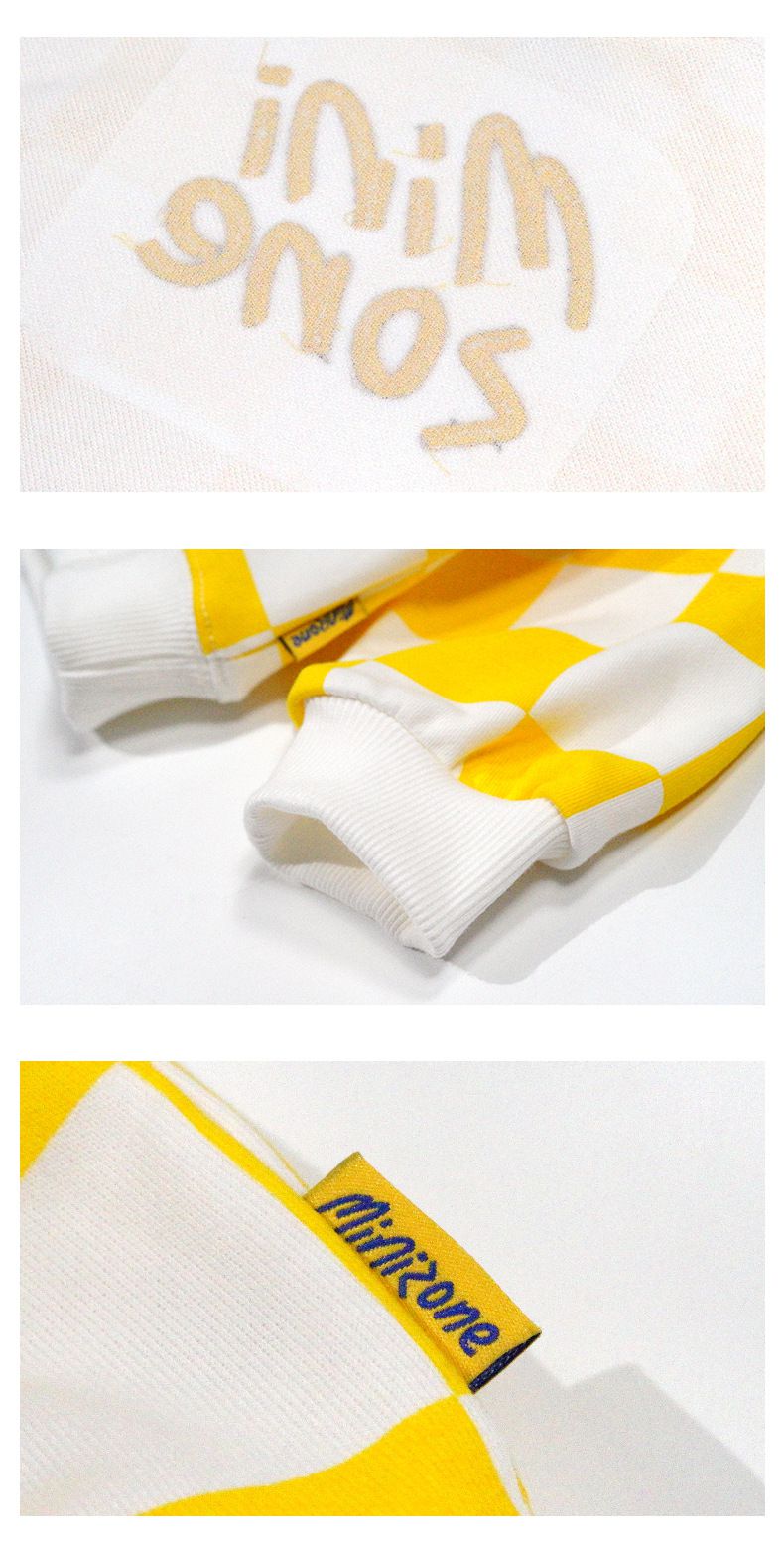 Minizone - 格紋圓領長袖上衣-英文字母-黃+白