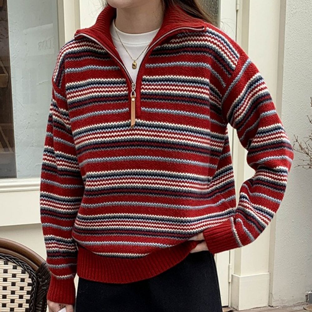 慵懶風格半拉鏈條紋長袖針織上衣-酒紅 (F)