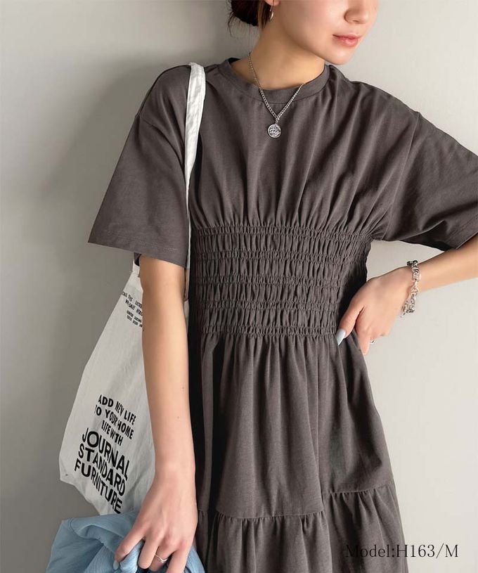 日本 Classical Elf - 100%棉 圓領美型縮腰分層短袖洋裝-淺米棕