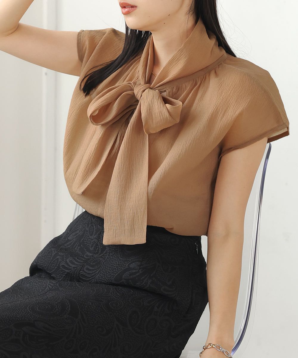 日本 Bab - 歐根紗紐結法式袖上衣-白